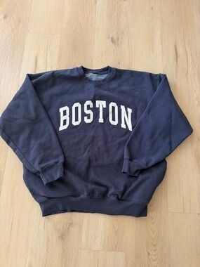 Brandy Melville Navy Crewneck with White 'BOSTON' Lettering